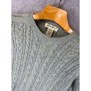 Vintage Eddie Bauer Women Size M Lambswool Cable Knit Sweater Gray Green Holiday